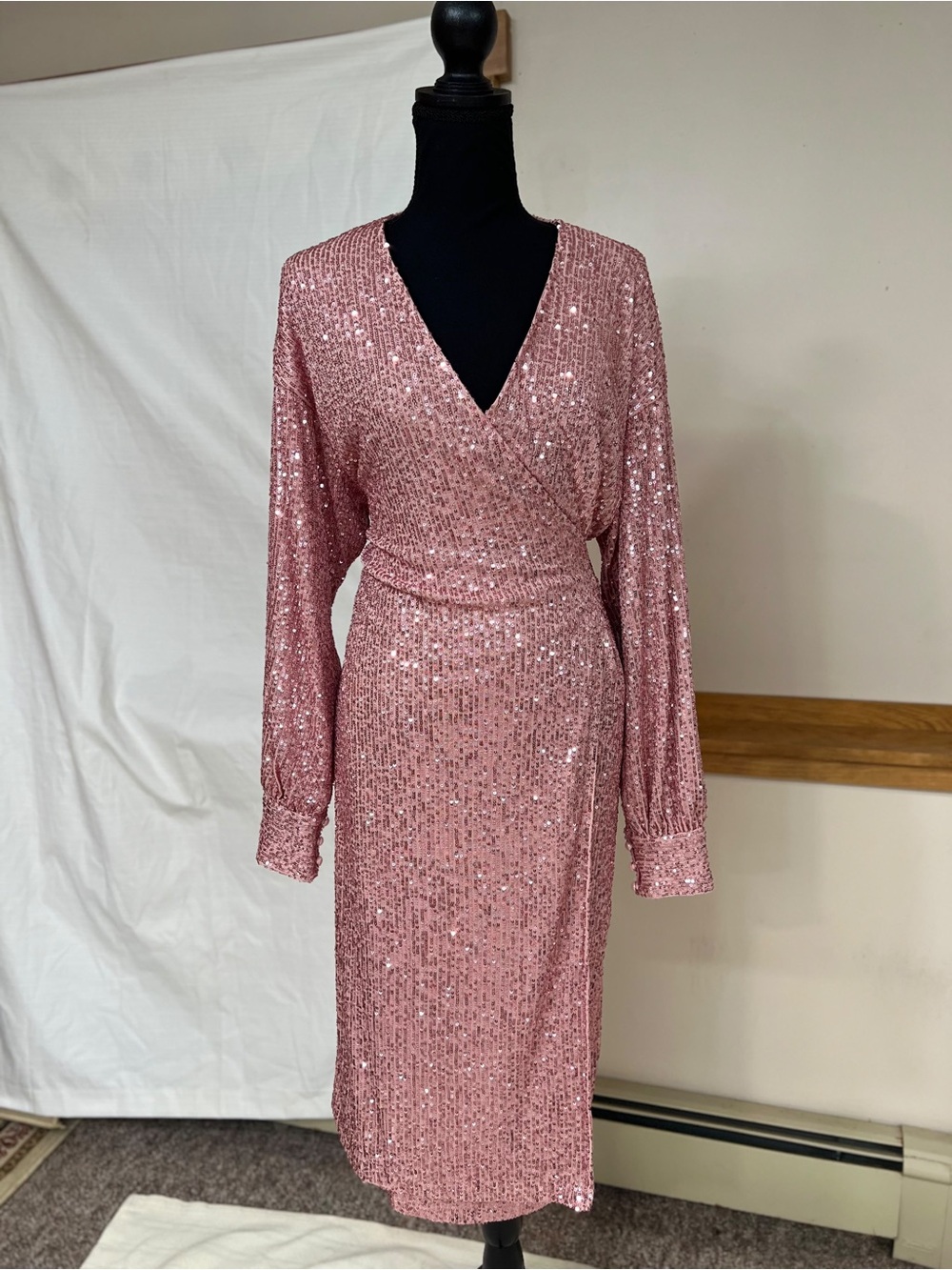 Boohoo Rose Pink Sequin Wrap Midi Dress